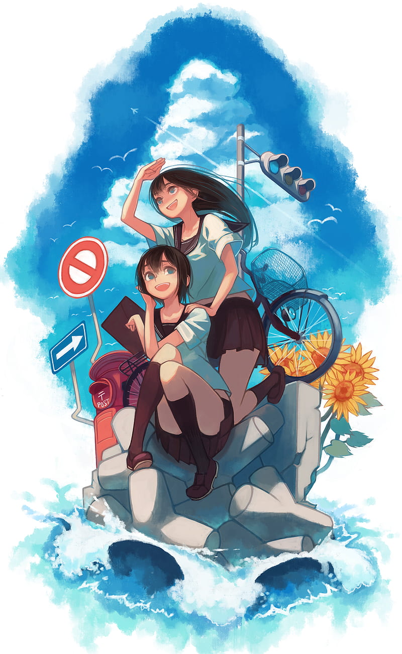 anime girls, anime, open mouth, sky, sign, sunflowers, blue eyes, miniskirt, HD phone wallpaper