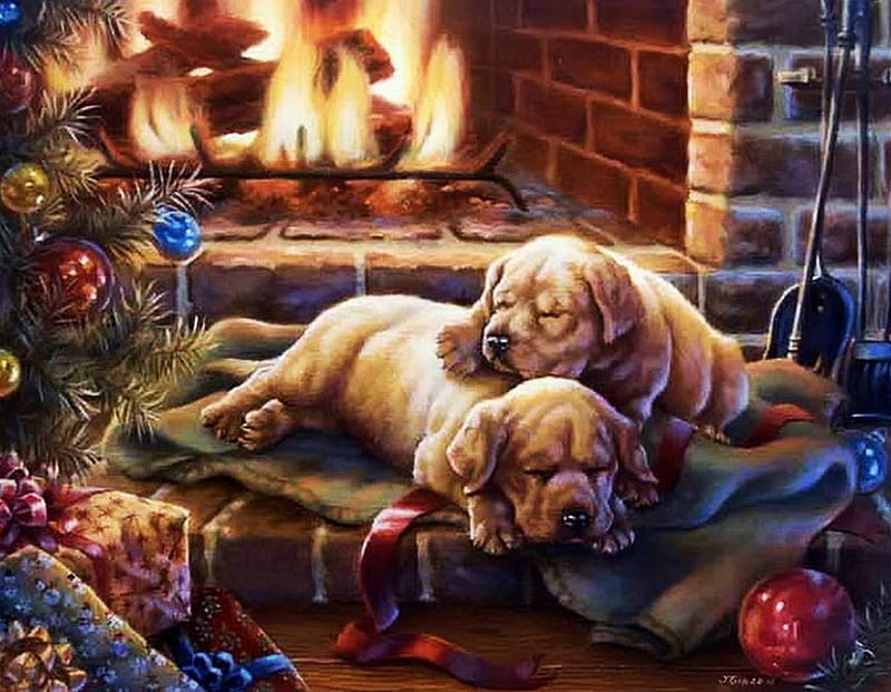 Cozy Place, fireplace, christmas tree, puppies, painting, artwork, chimney, dogs, HD wallpaper