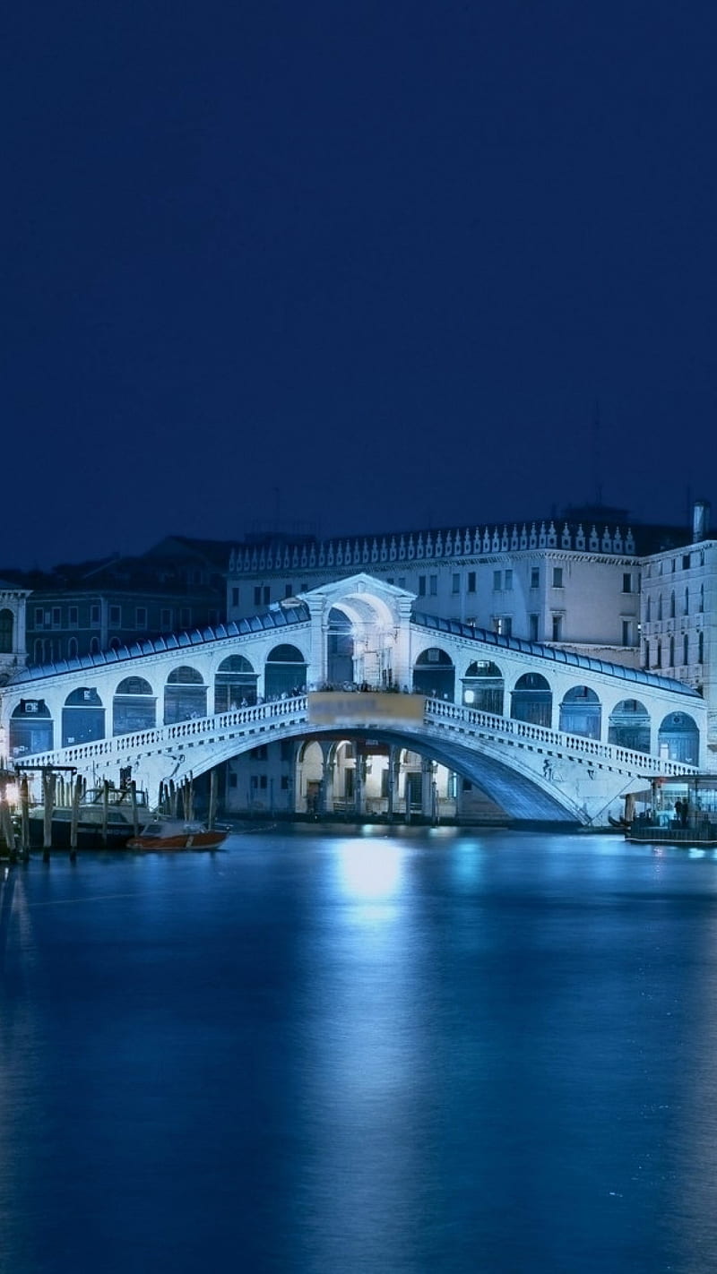 Venice, blue, bridge, city, gondola, italy, light, night, rialto, river, water, HD phone wallpaper
