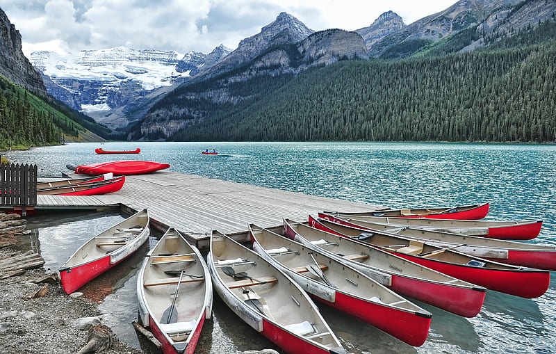 Vehicles, Canoe, Alberta, Canada, Lake Louise, Marina, Mountain, HD wallpaper