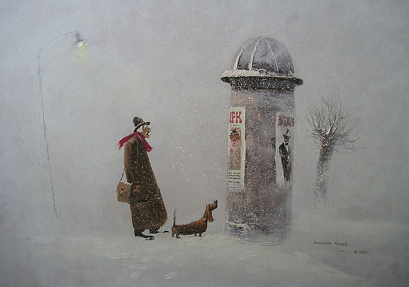 Circus, artist, painting, russian, dog, old man, winter, HD wallpaper