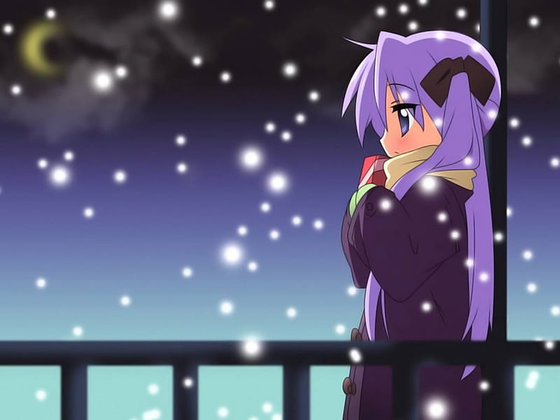 Kagami, purple hair, lucky star, cute, hiiragi kagami, girl, snow, anime, purple eyes, night, HD wallpaper