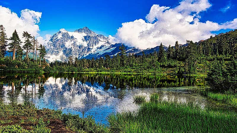 Lake, North Cascades, Washington, landscape, clouds, trees, sky, water ...