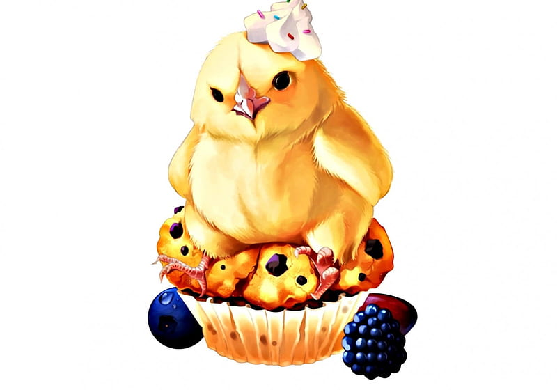 Sitting on food, chicken, food, blackberry, manga, yellow, sweet, dessert, cupcake, bridget00747, bird, berry, blueberry, anime, white, cream, HD wallpaper