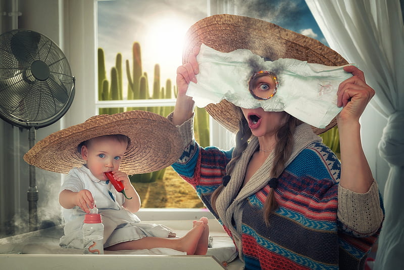 Once upon a time in Mexico, john wilhelm, boy, mexico, woman, mother, baby, creative, hat, HD wallpaper