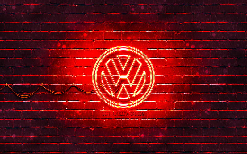 Volkswagen red logo red brickwall, Volkswagen logo, cars brands, Volkswagen neon logo, Volkswagen, HD wallpaper