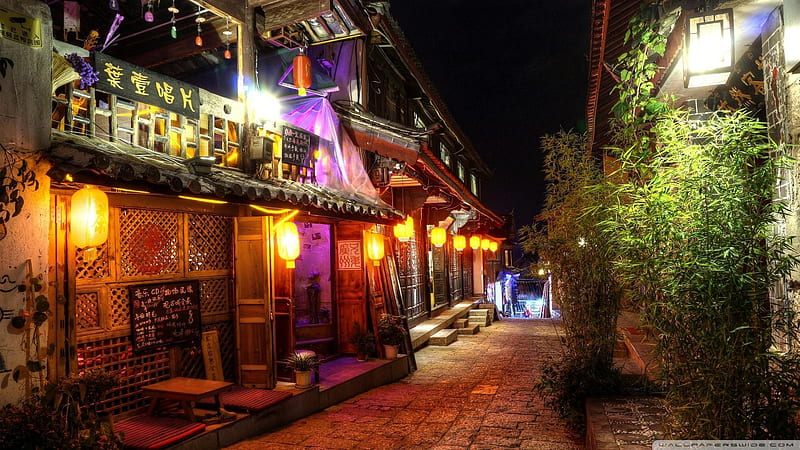 back street in a chinese town at night, stones, plants, shops, colors, street, lights, night, HD wallpaper