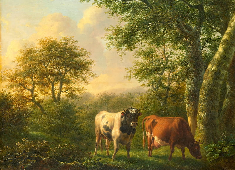Cows, art, tree, cow, painting, animal, adolf karel maximilian, HD wallpaper