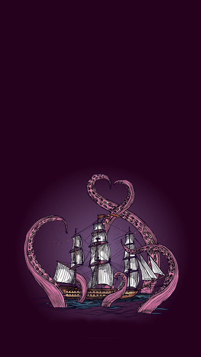 Kraken, Kiss, blue, boat, dark, ocean, octopus, purple, release, sails, ship, tentacles, water, HD phone wallpaper