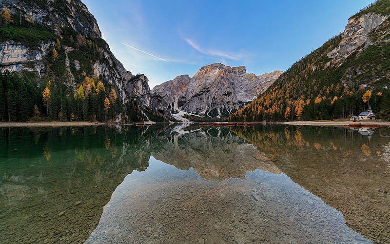 mountain lake, evening, sunset, Alps, glacial lake, autumn, HD wallpaper