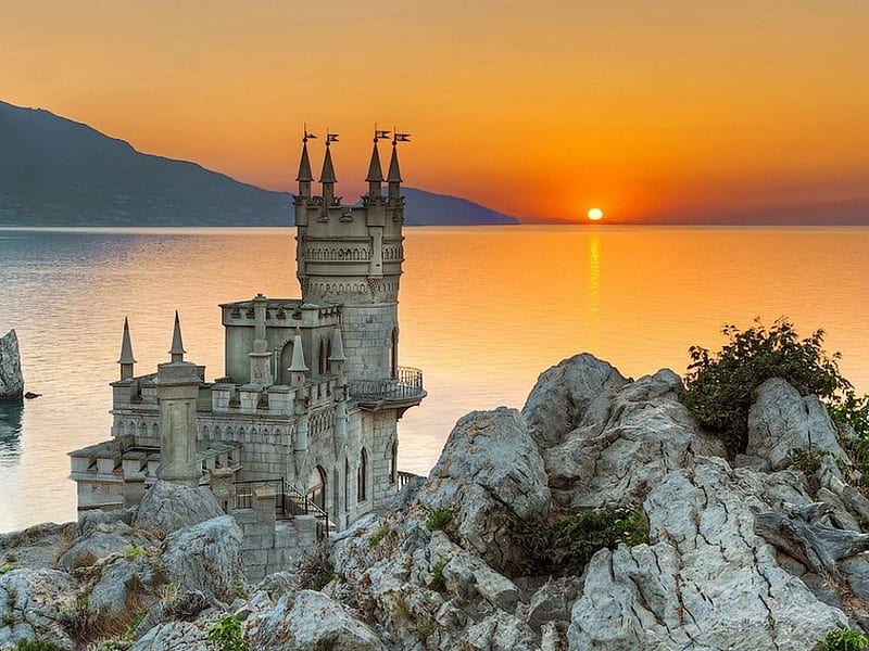Castle,Ukraine, rocks, medieval, stone, nest, tower, sunrise, castle, sea, HD wallpaper