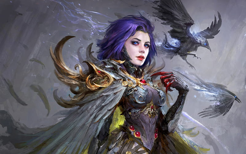 Fantasy girl, art, fantasy, raven, bird, girl, pasare, daniel kamarudin ...