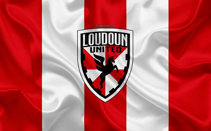 Loudoun United FC American football club, logo, red white flag, emblem, USL Championship, Leesburg, Virginia, USA, USL, silk texture, soccer, United Soccer League, HD wallpaper