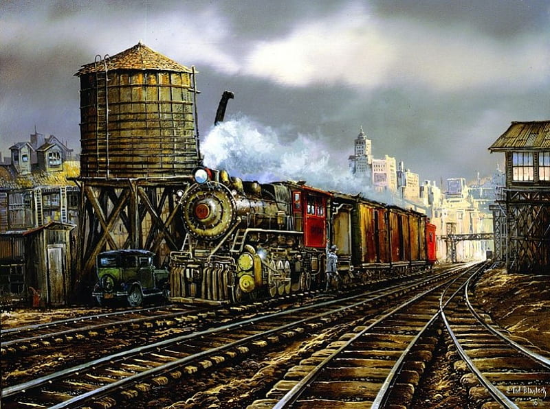 The Broadway Switch, city, train, painting, steam, railways, artwork, skyscrapers, HD wallpaper