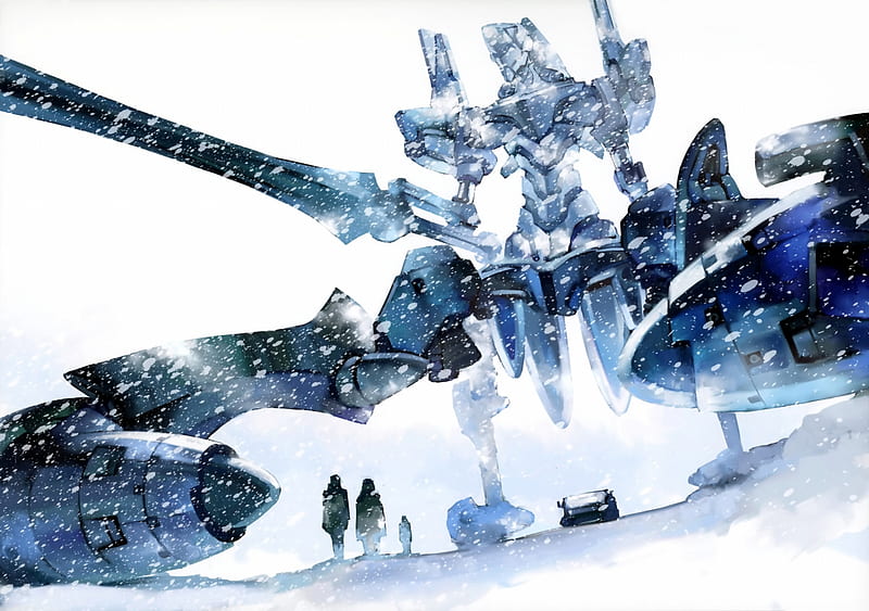 Giant in the Snow, giant, black, robot, gundam, white snow, snow, people, weapon, white, blue, HD wallpaper