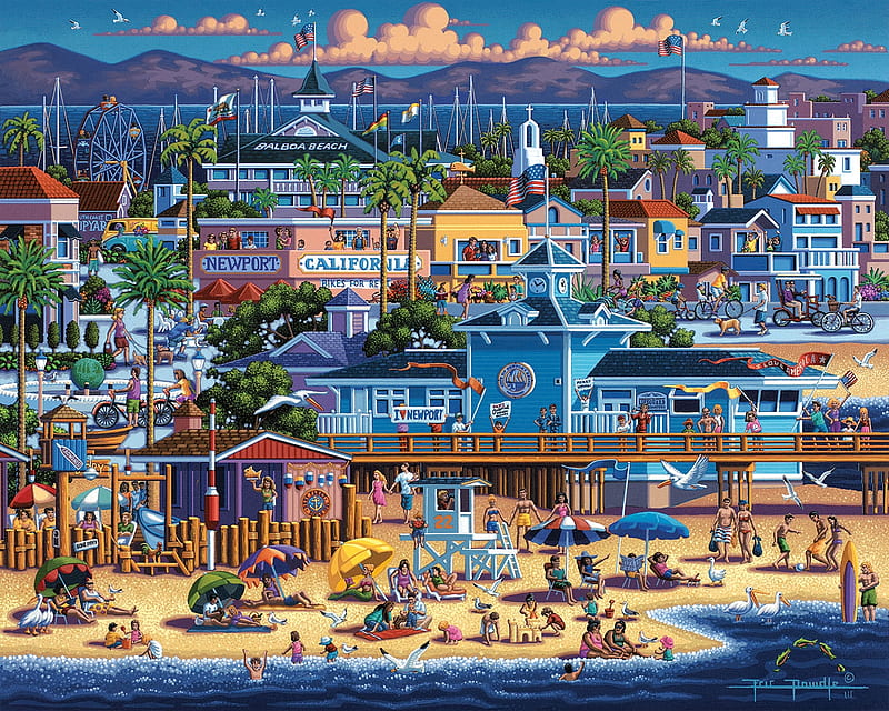 Newport Beach, art, vara, people, painting, summer, pictura, blue, HD wallpaper