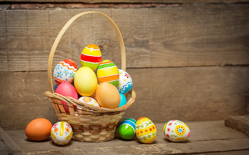 Happy Easter!, egg, colorful, brown, basket, easter, pasti, card, wood, HD wallpaper