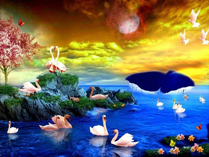 Swans Paradise, colorful flowers, rocks, dusk, sunset, clouds, moon, full moon, painting, vegetation, reflection, pink, white birds, butterflies, swans, lake, tree, white swans, HD wallpaper