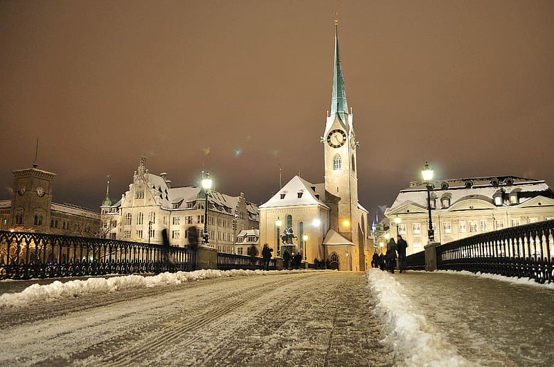 Winter, Night, Snow, Light, Switzerland, Church, Zurich, Churches, Religious, HD wallpaper
