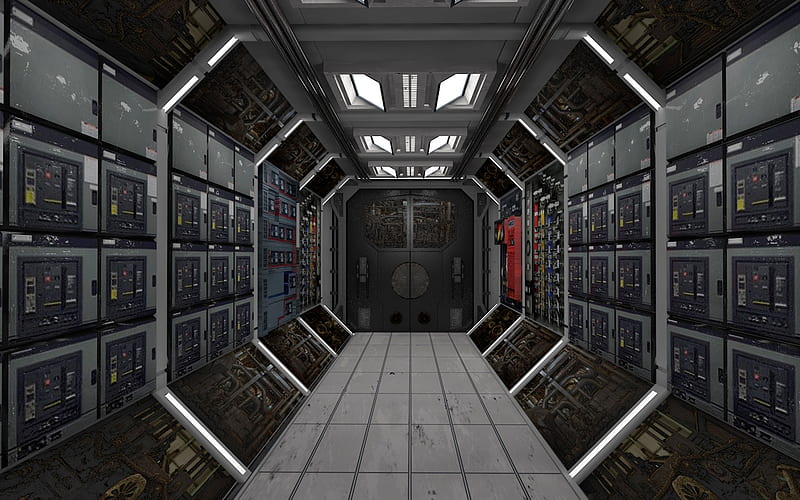 space corridor, cinema 4d, corridor, space, door, HD wallpaper