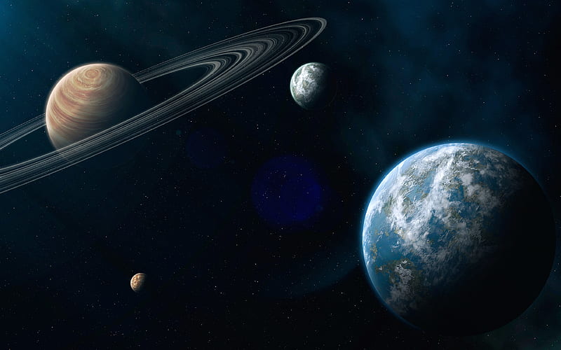 Earth, Saturn solar system, planets, galaxy, sci-fi, orbit, stars, HD wallpaper