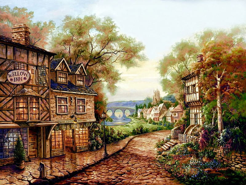 Wellow Inn, bridge, houses, cobblestone, village, river, artwork, HD wallpaper