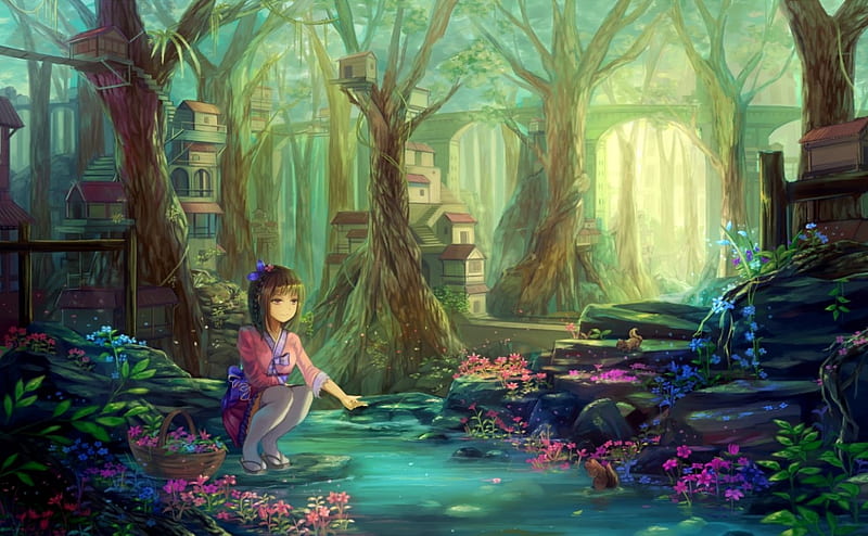 Forest Town, bonito, woman, swamp, fantasy, anime, flowers, beauty, anime girl, light, art, female, lovely, houses, town, trees, cute, girl, nature, lady, landscape, HD wallpaper