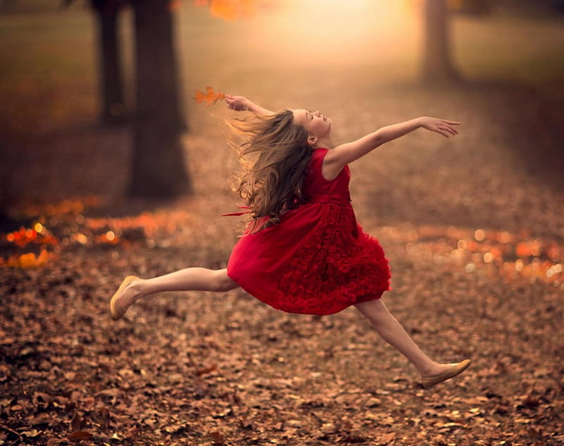Jumping with Joy, forest, red, child, girl, HD wallpaper