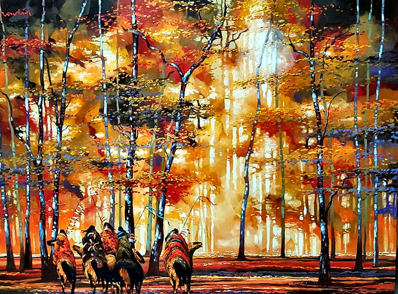 Native Americans on Horseback, forest, art, equine, bonito, trees, illustration, artwork, horses, painting, wide screen, Native American, landscape, HD wallpaper