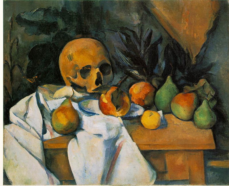 Skull with Fruit, fruit, art, still life, skulls, cezanne, pears, paintings, apples, HD wallpaper