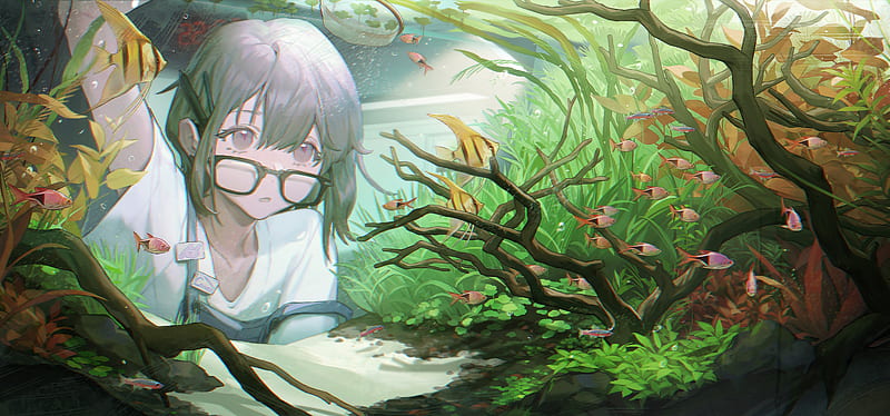 Anime, Girl, Glasses, Brown Eyes, Fish, Brown Hair, HD wallpaper
