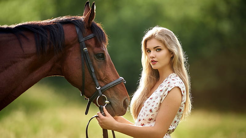 ~Cowgirl~, Bridle, cowgirl, blonde, horse, field, HD wallpaper