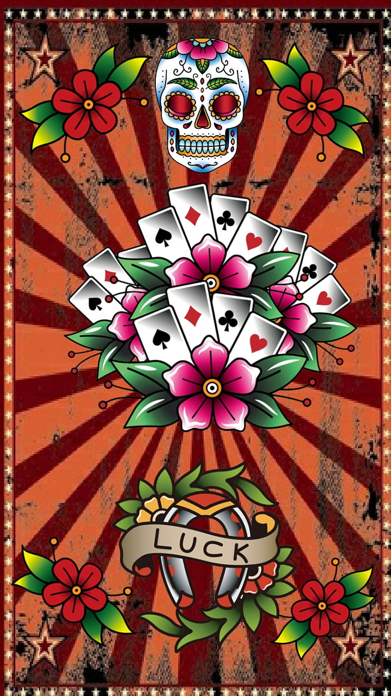 Card Shark, cards, flowers, luck, skull, sugar, HD phone wallpaper