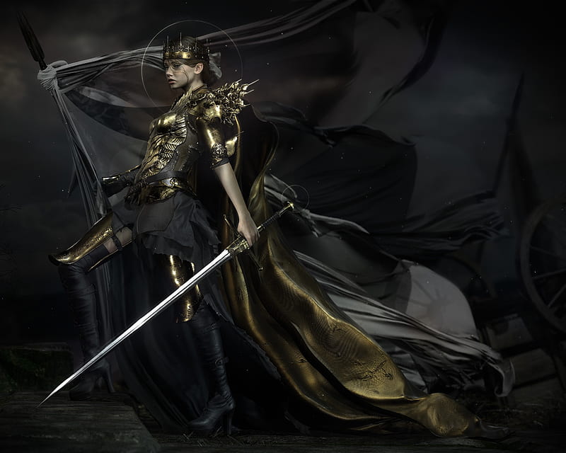 Joan of Arc, fantasy, andrea savchenko, luminos, girl, golden, black, sword, HD wallpaper
