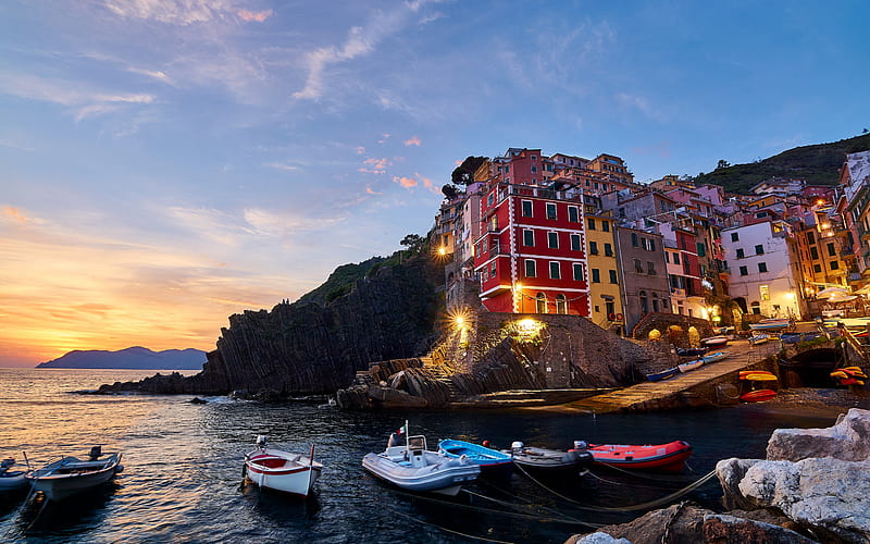 Cinque Terre, Riomaggiore, evening, sunset, bay, resort, seascape, Mediterranean Sea, Italy, HD wallpaper