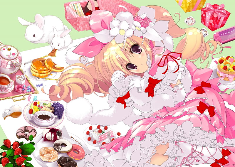Loli, sweets, food, manga, picnic, girl, anime, lolita fashion, summer, bunny, white, pink, HD wallpaper