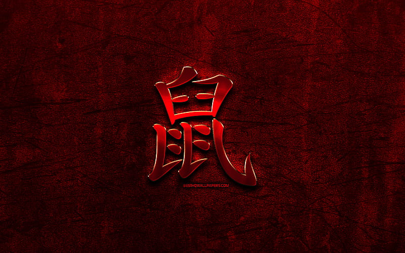 Rat chinese hieroglyph, chinese zodiac, Chinese calendar, Rat zodiac sign, red stone background, Rat hieroglyphs, Rat, Chinese Zodiac Signs, animals, creative, Rat zodiac, HD wallpaper