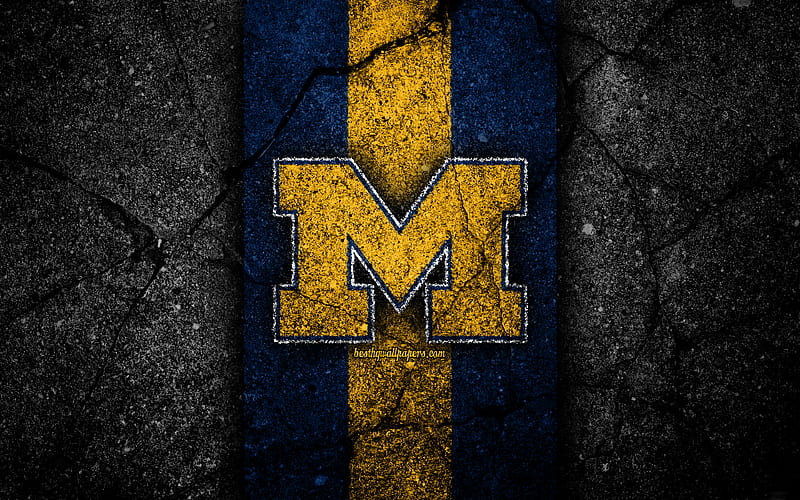 Michigan Wolverines american football team, NCAA, blue yellow stone, USA, asphalt texture, american football, Michigan Wolverines logo, HD wallpaper