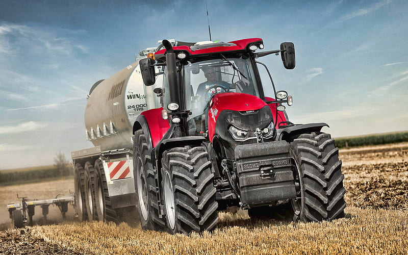 Case IH Optum CVX, fertilizer application, new tractor, tillage, tractor with a barrel on the field, Case, HD wallpaper