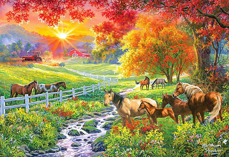 September Pasture, horses, barn, fall, fence, trees, colors, sunset, artwork, painting, tractor, HD wallpaper