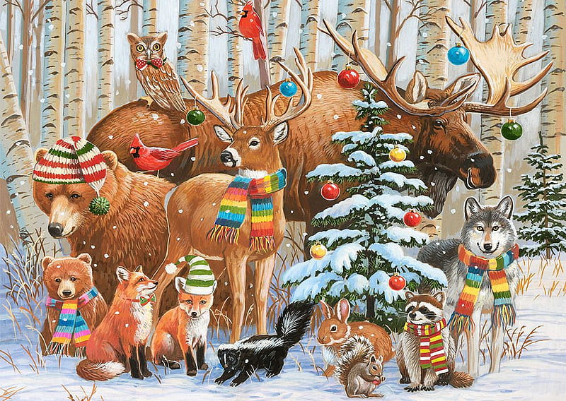 Magical Forest Holiday, animals, deer, winter, rabbit, christmas, bear, birds, raccoon, tree, snow, painting, foxes, wolf, HD wallpaper