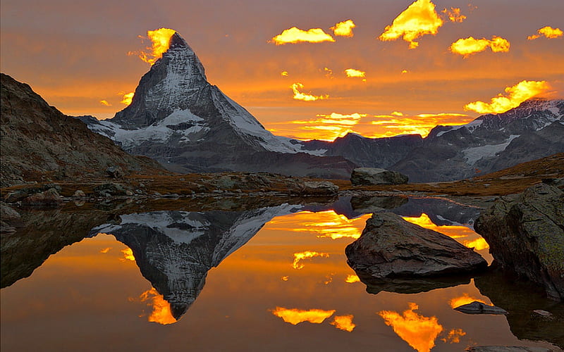 The Matterhorn at Sunset, Mountain, Reflection, Lake, Sunset, HD wallpaper