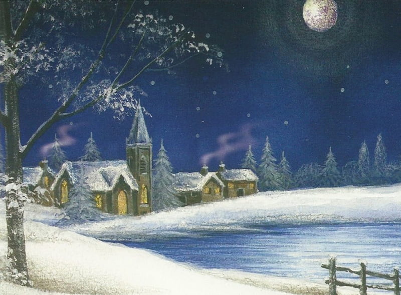 Christmas Time In The Coutry, Nite, Church, Chrstmas, Night, Winter 