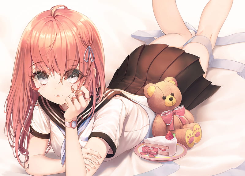 Anime, Original, Cake, Girl, Teddy Bear, HD wallpaper