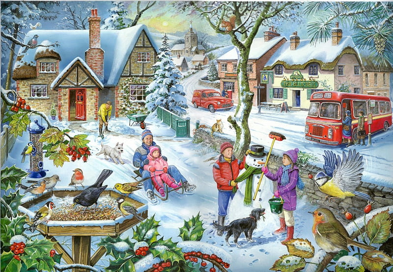 A Winter Morning, inn, cottage, birds, holly, church, snowman, winter, pub, snow, dogs, HD wallpaper
