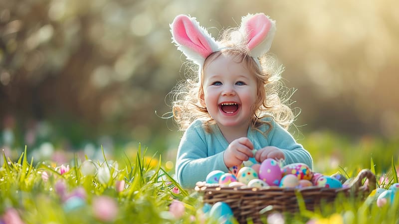 :), eggs, little girl, childhood, ears, girl, spring, copil, pink, bunny, happy, child, easter, smile, green, card, HD wallpaper