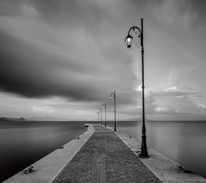 street lights, black and white, cloudy, gray, mood, path, water, HD wallpaper
