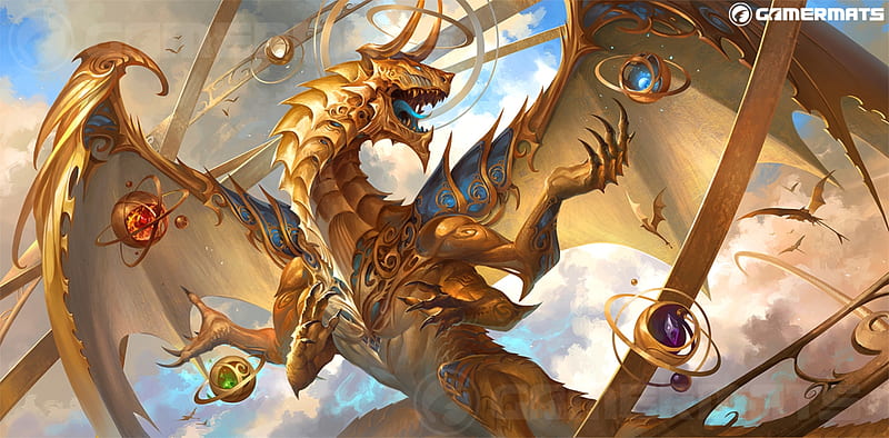 Elder artifact dragon, wings, elder artifact, dragon, sandara, golden, HD wallpaper