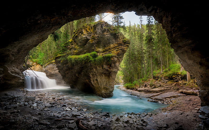 mountain river, forest, cave, grotto, beautiful mountain landscape, USA, HD wallpaper