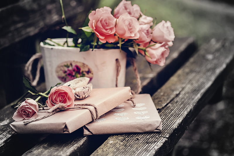 With Love , graphy, rose, love, bench, roses, gift, pink, HD wallpaper